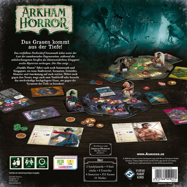 Arkham Horror Brettspiel dritte Edition Dunkle Fluten Erweiterung Rückseite Verpackung Asmodee Spielgetuschel.jpg