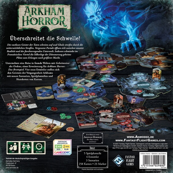 Arkham Horror Brettspiel dritte Edition Geheimnisse des Ordens Erweiterung Verpackung Rückseite Asmodee Spielgetuschel.jpg