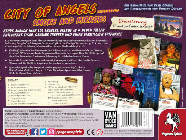 City of Angels Brettspiel Smoke and Mirrors Erweiterung Verpackung Rückseite Pegasus Spielgetuschel
