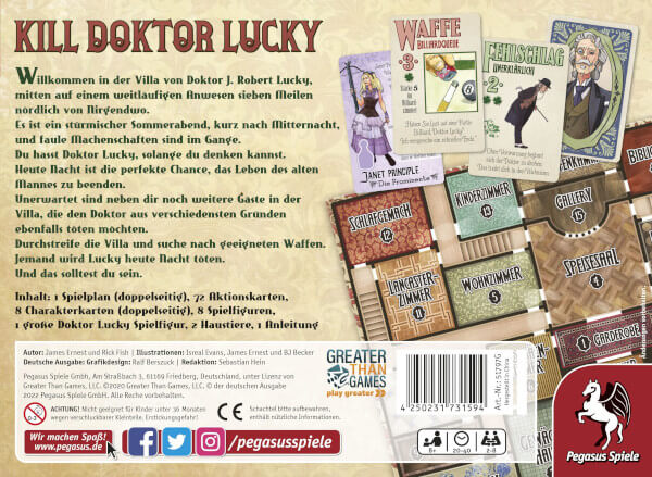 Kill Doktor Lucky Brettspiel Verpackung Rückseite Pegasus Spielgetuschel
