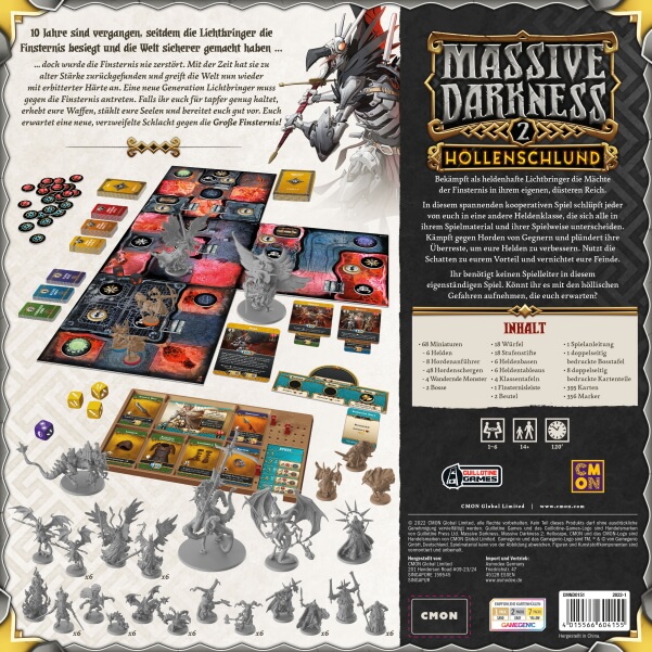 Massive Darkness 2 Höllenschlund Brettspiel Verpackung Rückseite Asmodee Spielgetuschel