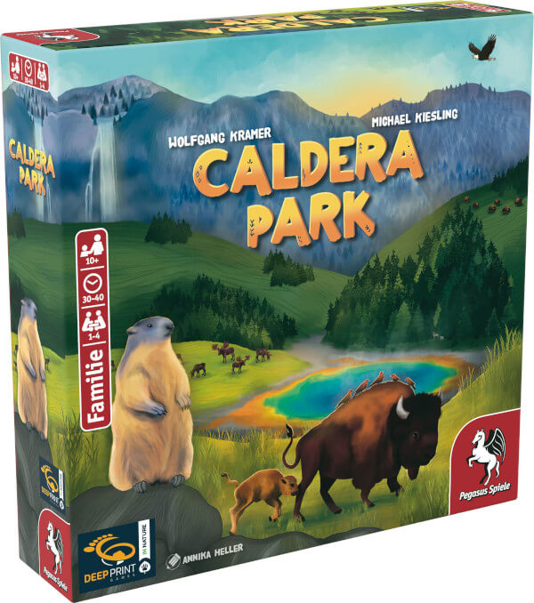Caldera Park Brettspiel Verpackung Vorderseite Pegasus Spielgetuschel