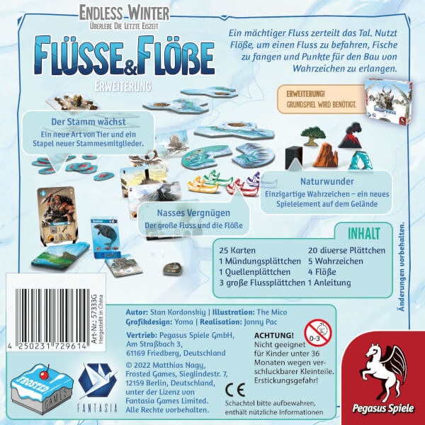 Endless Winter Brettspiel Flüsse & Flöße Erweiterung Verpackung Rückseite Pegasus Spielgetuschel