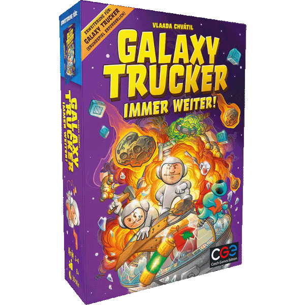 Galaxy Trucker Brettspiel Immer weiter Erweiterung Verpackung Vorderseite Heidelbär Spielgetuschel