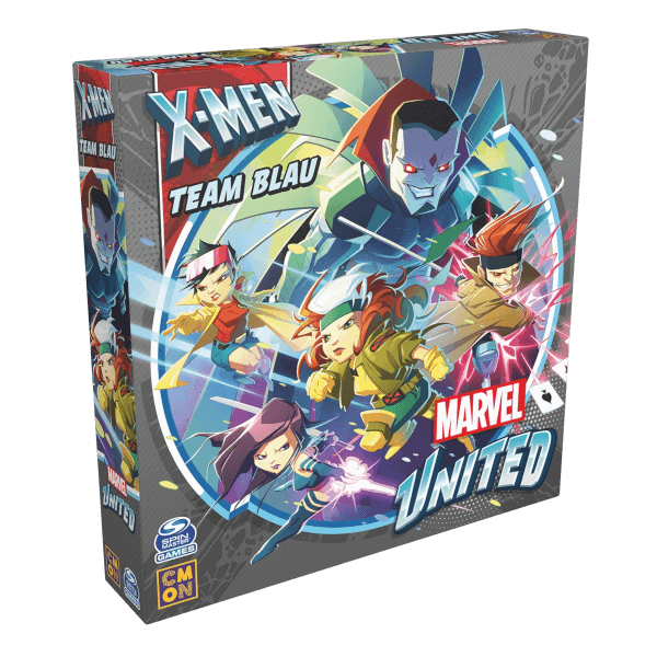 Marvel United X-Men –Brettspiel Team Blau Erweiterung Verpackung Vorderseite Asmodee Spielgetuschel
