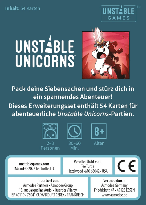 Unstable Unicorns Kartenspiel Abenteuer Erweiterungsset Verpackung Rückseite Asmodee Spielgetuschel