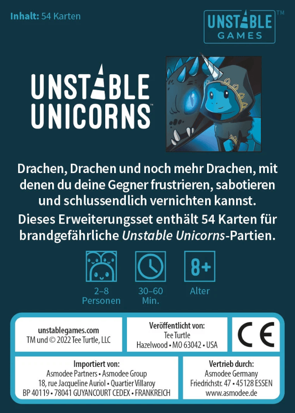 Unstable Unicorns Kartenspiel Drachen Erweiterungsset Verpackung Rückseite Asmodee Spielgetuschel