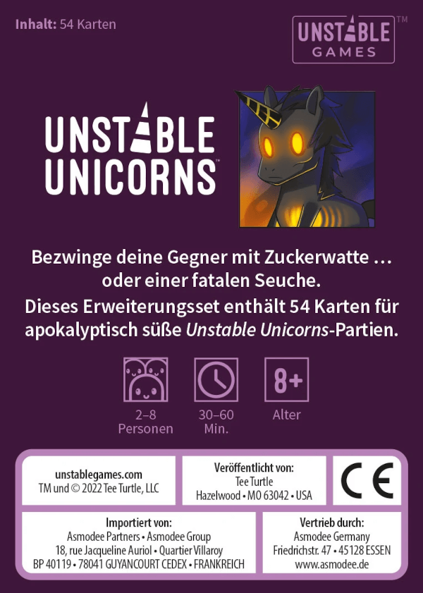 Unstable Unicorns Kartenspiel Regenbogen Apokalypse Erweiterungsset Verpackung Rückseite Asmodee Spielgetuschel