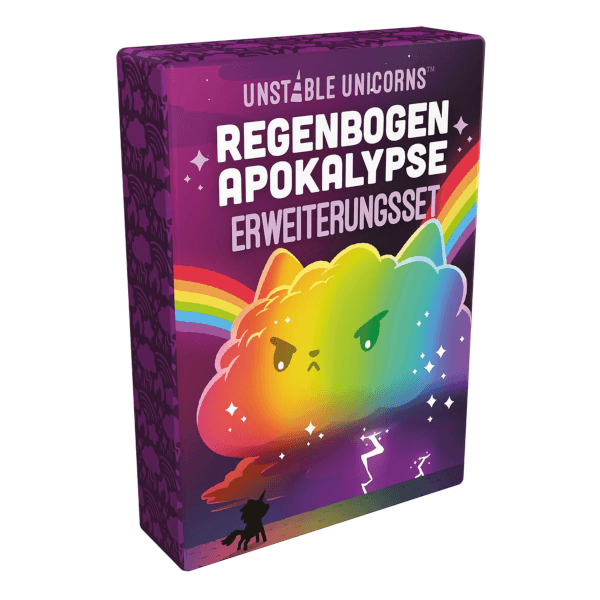 Unstable Unicorns Kartenspiel Regenbogen Apokalypse Erweiterungsset Verpackung Vorderseite Asmodee Spielgetuschel