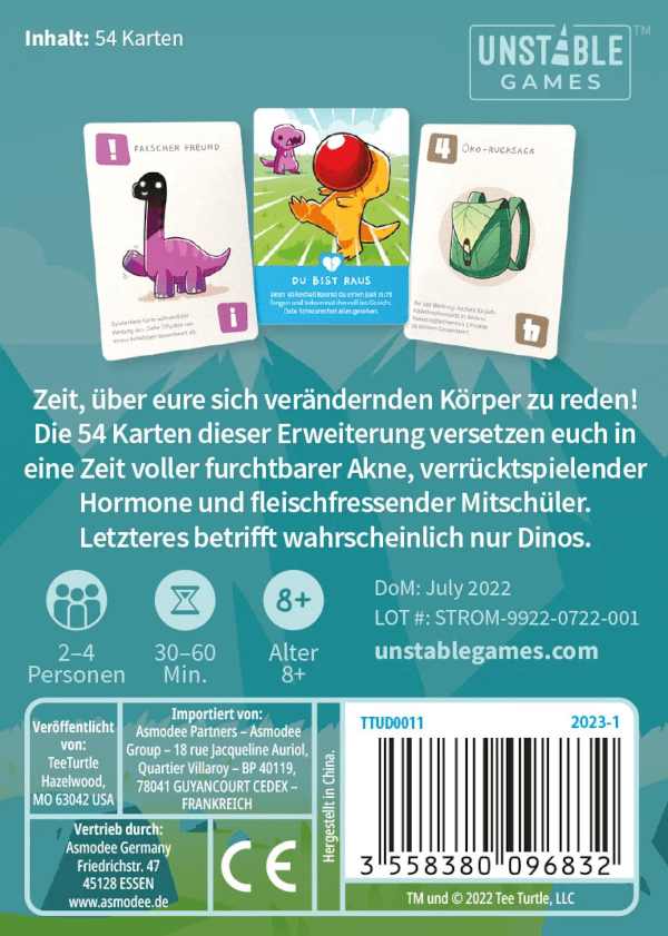 Happy Little Dinosaurs Kartenspiel Pubertäre Probleme Erweiterung Verpackung Rückseite Asmodee Spielgetuschel