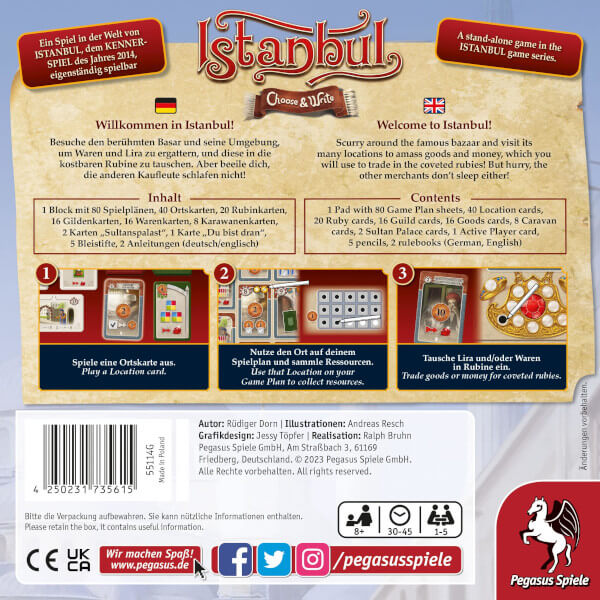 Istanbul Choose & Write Brettspiel Verpackung Rückseite Pegasus Spielgetuschel