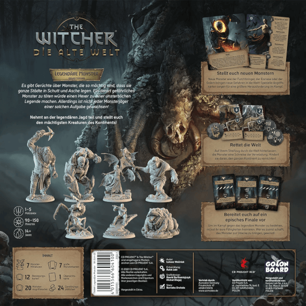 The Witcher Die Alte Welt Brettspiel Legendäre Monster Erweiterung Verpackung Rückseite Asmodee Spielgetuschel