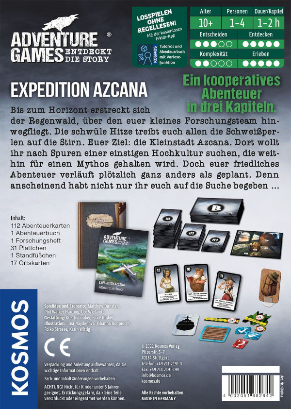 Adventure Games Expedition Azcana Brettspiel Verpackung Rückseite Kosmos Spielgetuschel