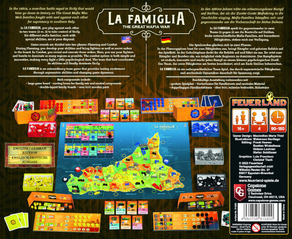 La Famiglia The Great Mafia War Brettspiel Verpackung Rückseite Feuerland Spielgetuschel