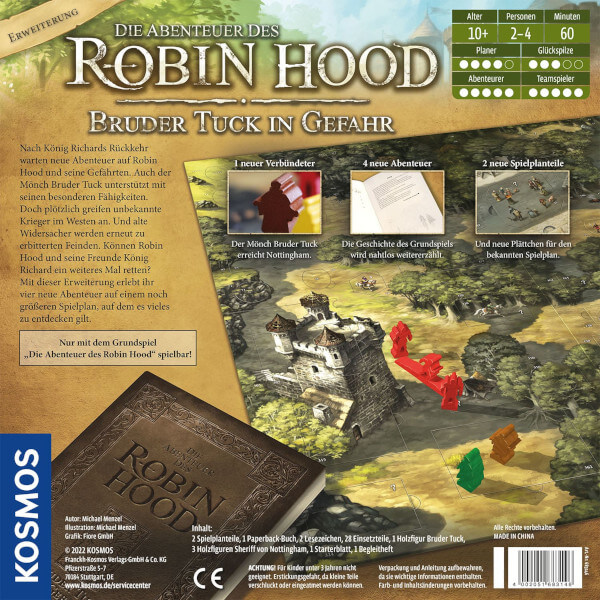 Die Abenteuer des Robin Hood Brettspiel Bruder Tuck in Gefahr Erweiterung Verpackung Rückseite Kosmos Spielgetuschel