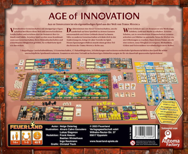 Age of Innovation Ein Terra Mystica Spiel Brettspiel Verpackung Rückseite Feuerland Spielgetuschel