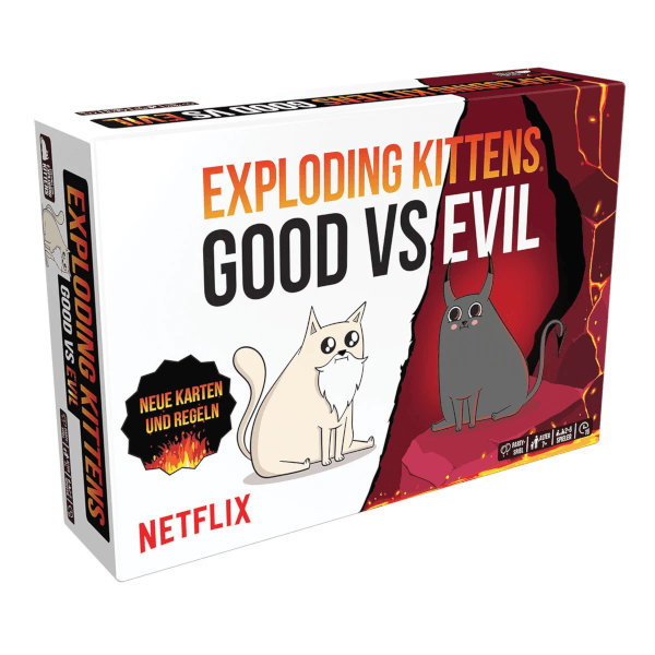 Exploding Kittens Kartenspiel Good vs. Evil Verpackung Vorderseute Asmodee Spielgetuschel