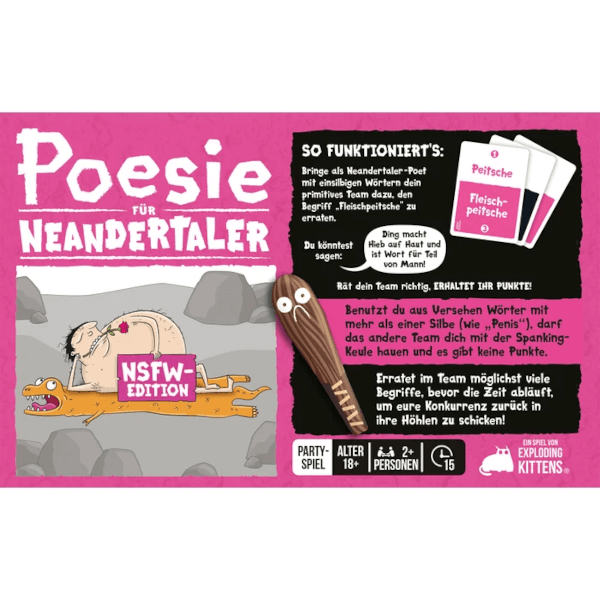 Poesie für Neandertaler NSFW-Edition Partyspiel Verpackung Rückseite Asmodee Spielgetuschel
