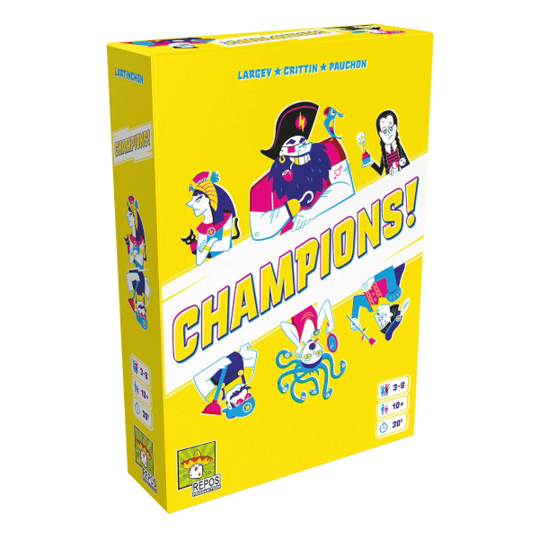 Champions! Partyspiel Verpackung Vorderseite Asmodee Spielgetuschel