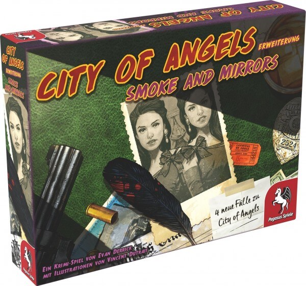 City of Angels Brettspiel Smoke and Mirrors Erweiterung Verpackung Vorderseite Pegasus Spielgetuschel