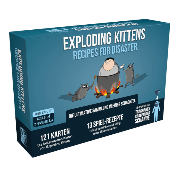Exploding Kittens Kartenspiel Recipes for Disaster Verpackung Vorderseite Asmodee Spielgetuschel