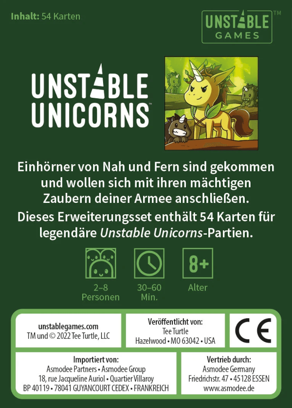 Unstable Unicorns Kartenspiel Legendäre Einhörner Erweiterungsset Verpackung Rückseite Asmodee Spielgetuschel