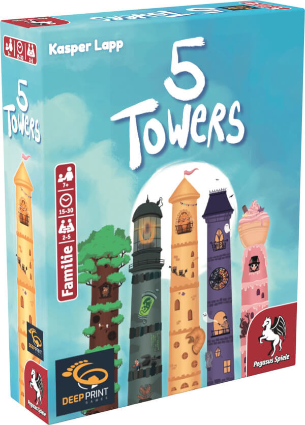5 Towers Kartenspiel Verpackung Vorderseite Pegasus Spielgetuschel
