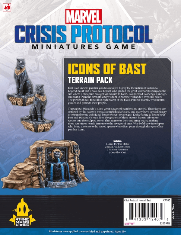 Marvel Crisis Protocol Tabletop Icons of Bast Terrain Pack (Geländeset “Ikonen von Bast”) Erweiterung Verpackung Rückseite Asmodee Spielgetuschel