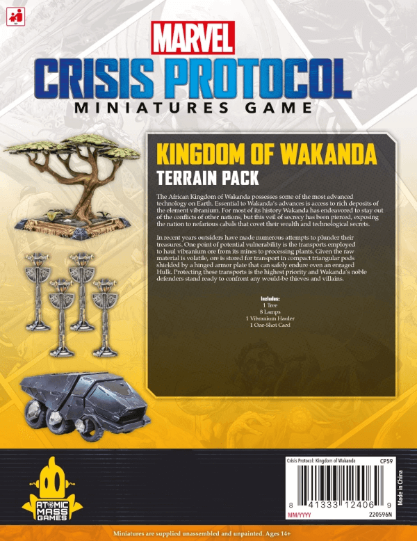 Marvel Crisis Protocol Tabletop Kingdom of Wakanda Terrain Pack (Geländeset “Königreich Wakanda”) Erweiterung Verpackung Rückseite Asmodee Spielgetuschel
