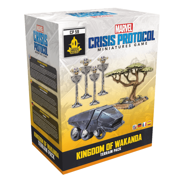 Marvel Crisis Protocol Tabletop Kingdom of Wakanda Terrain Pack (Geländeset “Königreich Wakanda”) Erweiterung Verpackung Vorderseite Asmodee Spielgetuschel