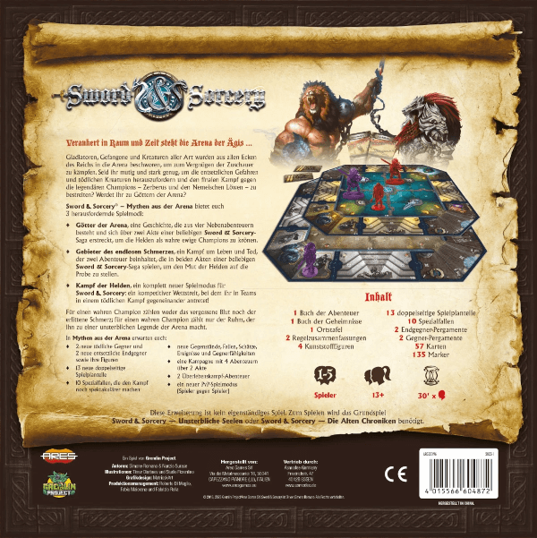 Sword & Sorcery Brettspiel Mythen aus der Arena Erweiterung Verpackung Rückseite Asmodee Spielgetuschel