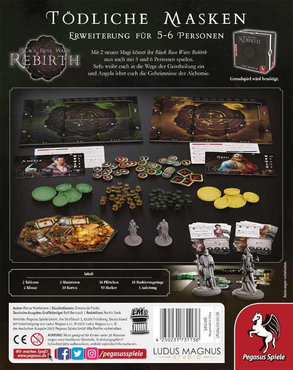 Black Rose Wars Rebirth Brettspiel Tödliche Masken Erweiterung Verpackung Rückseite Pegasus Spielgetuschel