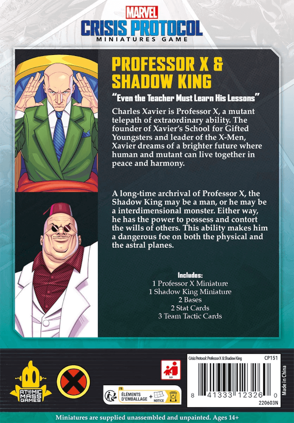Marvel Crisis Protocol Tabletop Professor X & Shadow King Erweiterung Verpackung Rückseite Asmodee Spielgetuschel