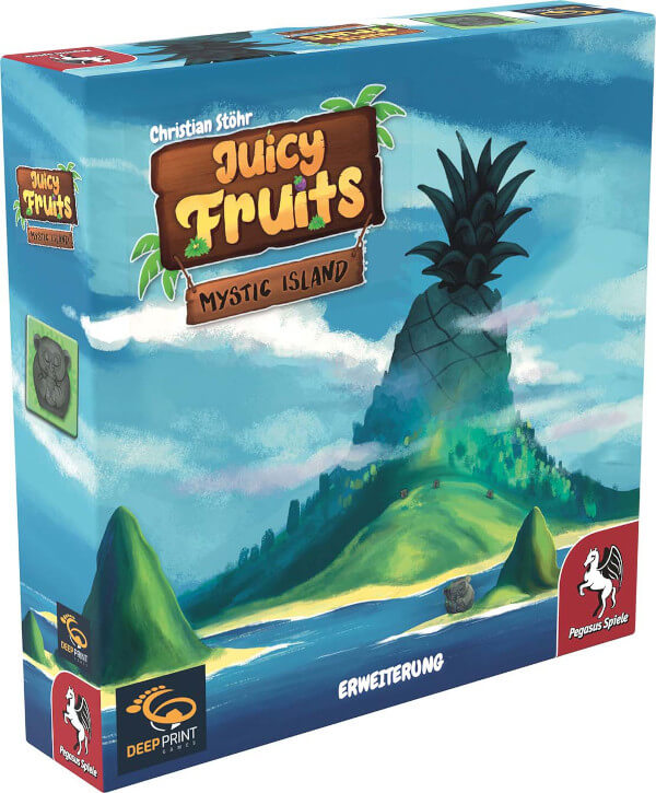 Juicy Fruits Brettspiel Mystic Island Erweiterung Verpackung Vorderseite Pegasus Spielgetuschel