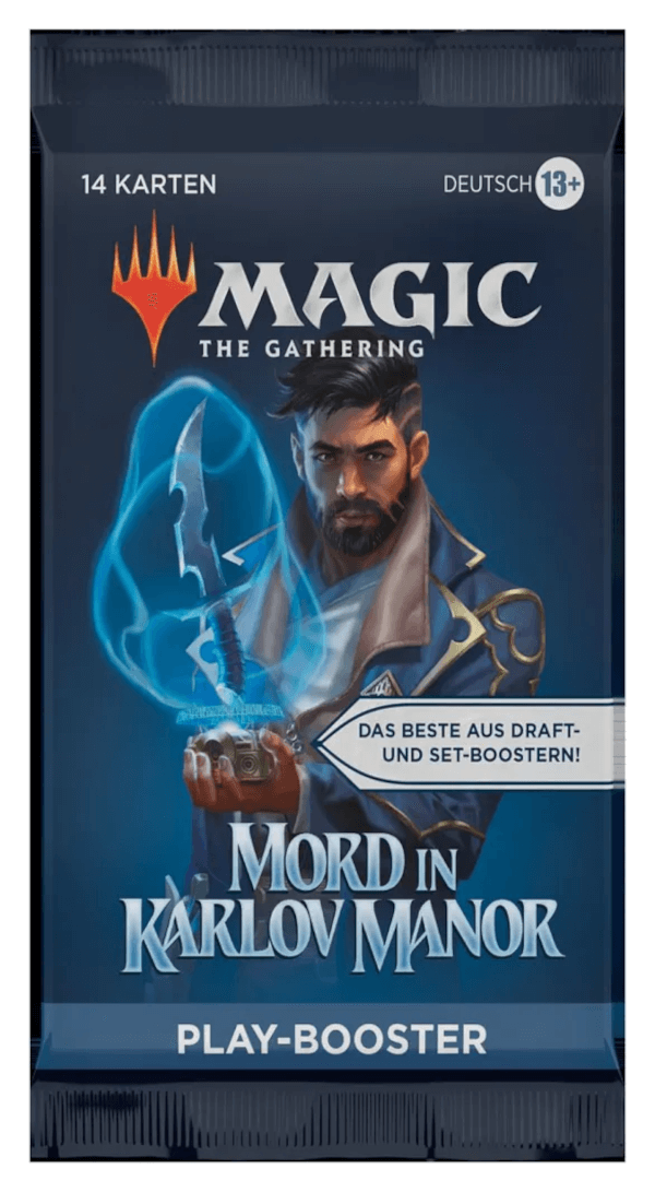 Magic the Gathering TCG Mord in Karlov Manor Play Booster Verpackung Vorderseite Wizards of the Coast Spielgetuschel