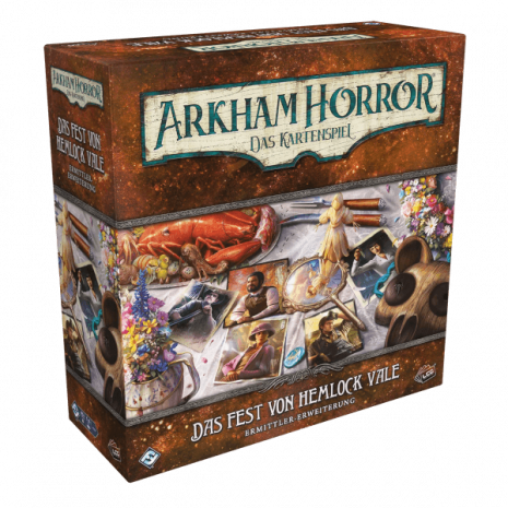 Arkham Horror Das Kartenspiel Das Fest von Hemlock Vale Ermittler-Erweiterung Verpackung Vorderseite Asmodee Spielgetuschel
