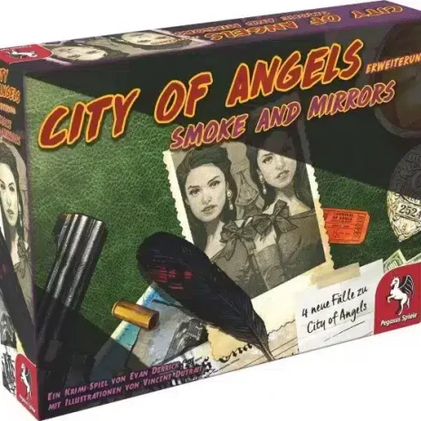City of Angels Brettspiel Smoke and Mirrors Erweiterung Verpackung Vorderseite Pegasus Spielgetuschel