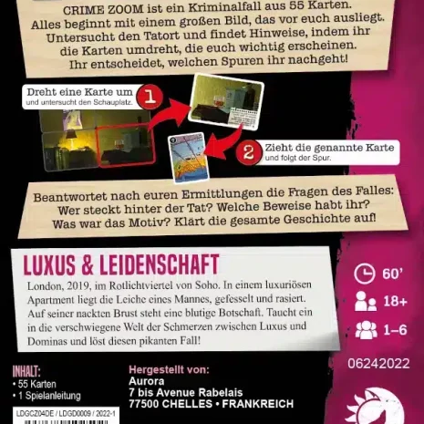 Crime Zoom Kartenspiel Luxus - Leidenschaft Verpackung Ruckseite Asmodee Spielgetuschel Crime Zoom Kartenspiel Luxus & Leidenschaft Verpackung Rückseite Asmodee Spielgetuschel