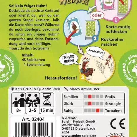 Feiges Huhn- Kartenspiel Verpackung Ruckseite Amigo Spielgetuschel Feiges Huhn! Kartenspiel Verpackung Rückseite Amigo Spielgetuschel