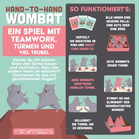 Hand-to-Hand Wombat Partyspiel Verpackung Ruckseite Asmodee Spielgetuschel Hand-to-Hand Wombat Partyspiel Verpackung Rückseite Asmodee Spielgetuschel