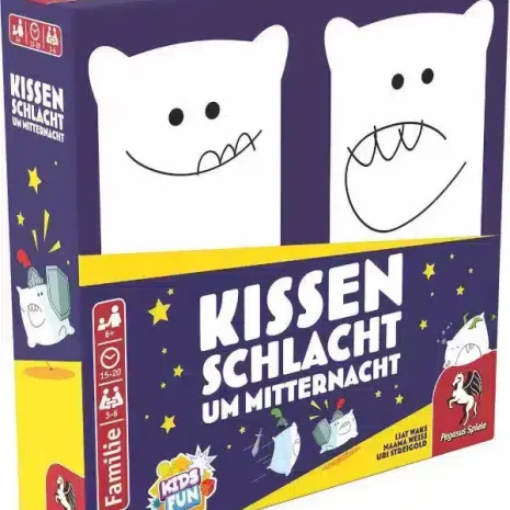 Kissenschlacht um Mitternacht Partyspiel Verpackung Vorderseite Pegasus Spielgetuschel