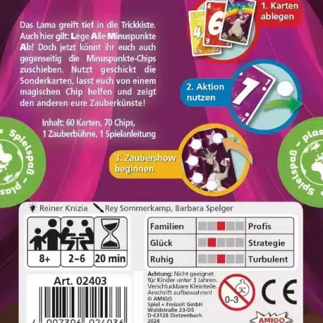 LAMA Kadabra Kartenspiel Verpackung Ruckseite Amigo Spielgetuschel LAMA Kadabra Kartenspiel Verpackung Rückseite Amigo Spielgetuschel