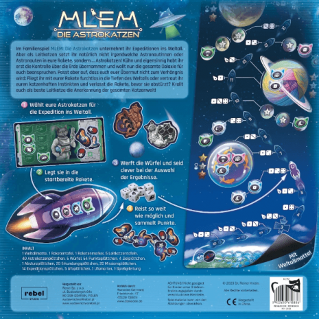 MLEM Die Astrokatzen Brettspiel Verpackung Ruckseite Asmodee Spielgetuschel MLEM Die Astrokatzen Brettspiel Verpackung Rückseite Asmodee Spielgetuschel