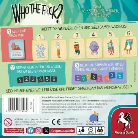 Who the Fck Partyspiel Verpackung Ruckseite Pegasus Spielgetuschel Who the Fck Partyspiel Verpackung Rückseite Pegasus Spielgetuschel