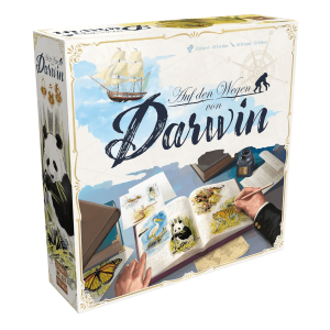 Auf den Wegen von Darwin Brettspiel Verpackung Vorderseite Asmodee Spielgetuschel