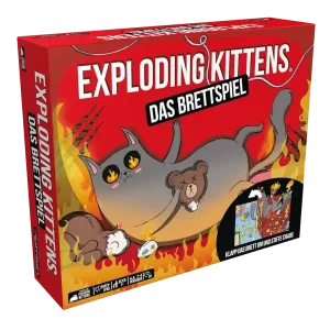 Exploding Kittens – Vorderseite der Spielverpackung mit Cover-Illustration