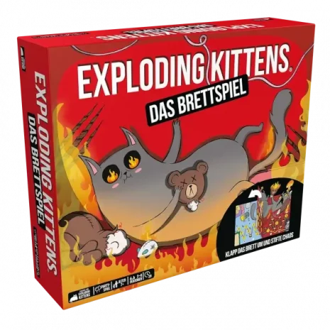 Exploding Kittens – Vorderseite der Spielverpackung mit Cover-Illustration