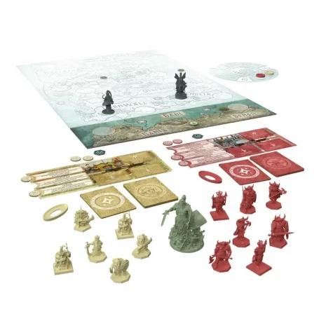 mordred-alte-feinde-inhalt-webp Spielmaterial aus „Mordred – Alte Feinde“ mit Miniaturen und Karten