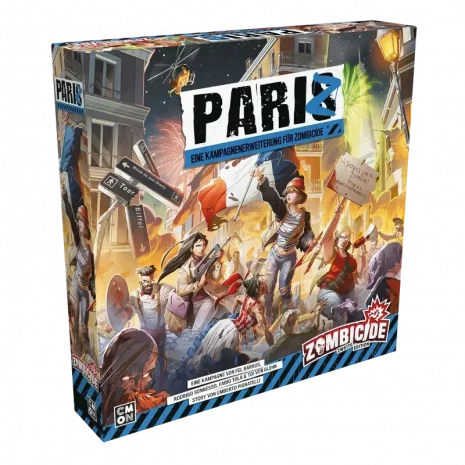Vorderseite der Spielschachtel von Zombicide 2. Edition – PariZ Kampagnen-Erweiterung