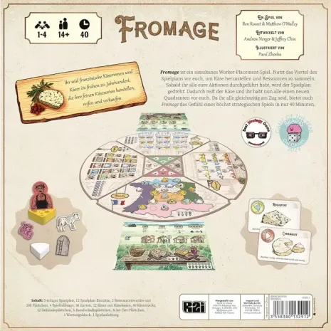 fromage-verpackung-rueckseite-webp ückseite der Fromage Spielbox mit Spielmechaniken und Ablaufübersicht